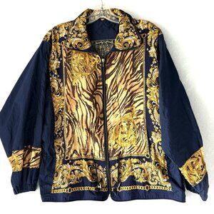 EAST WEST Womens M Vintage Windbreaker Jacket Blue Gold Drawstring Waist 80s 90s